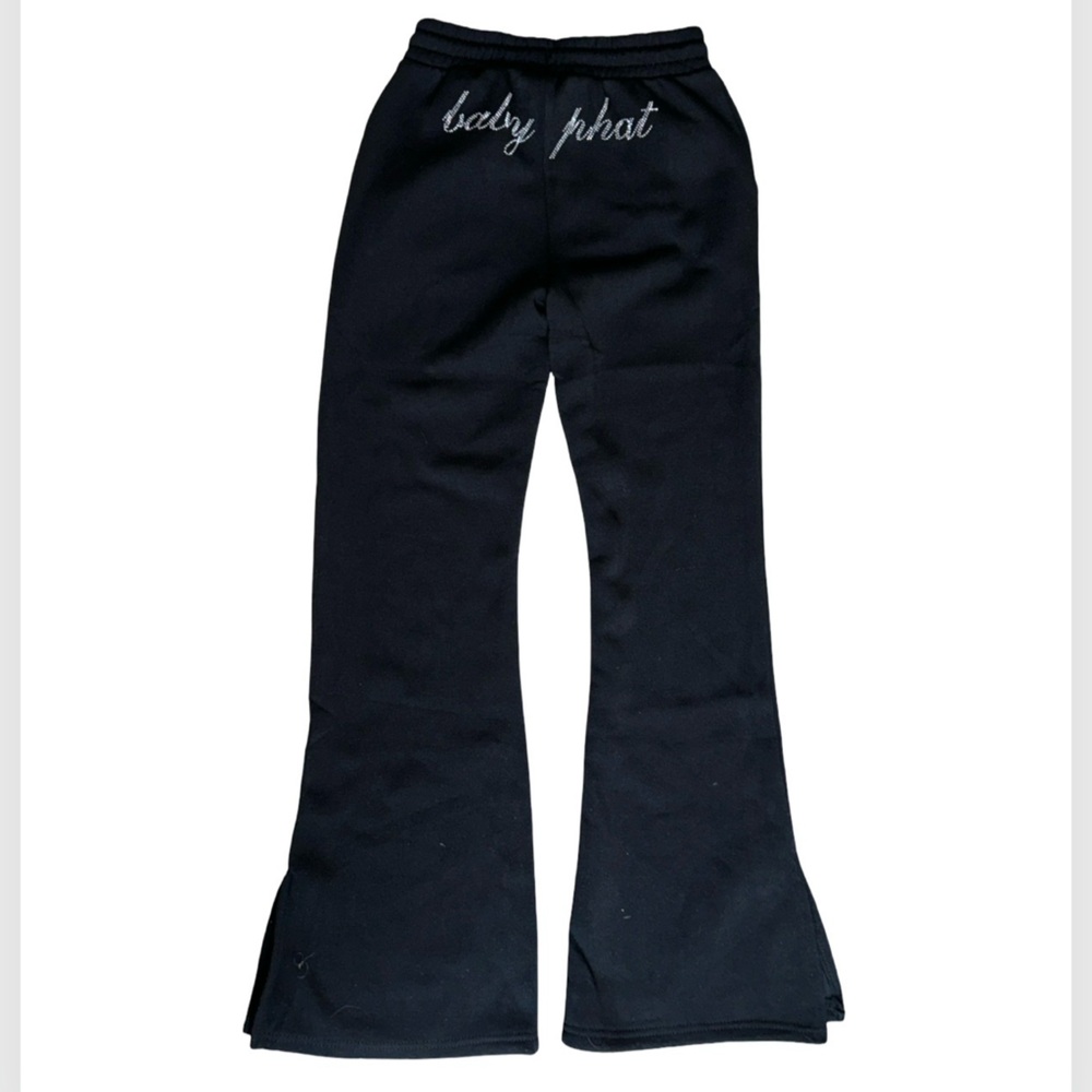 BABY PHAT BLACK BLING SILVER STUDS CAT & LOGO FLEECE FLARED SWEATPANTS NWT